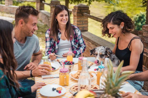 Happy Cheerful Group Friends Having Breakfast Farmhouse Young People Eating — Stock Photo, Image