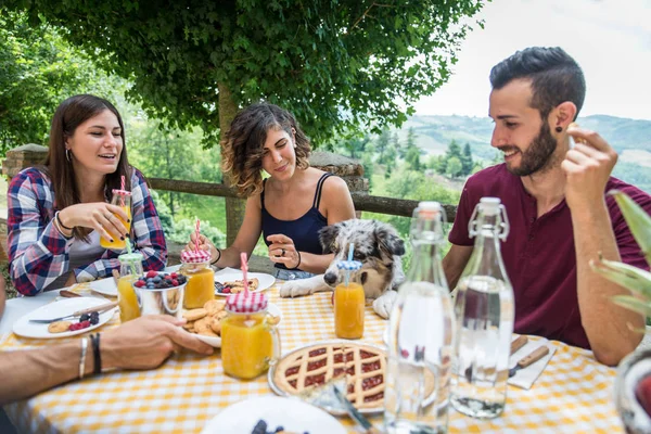 Grup Fericit Prieteni Veseli Care Iau Micul Dejun Într Fermă — Fotografie, imagine de stoc