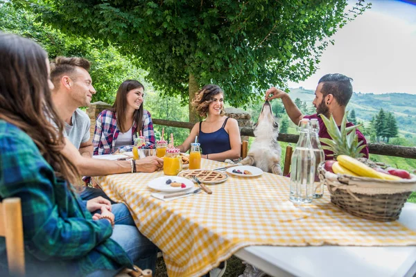 快乐快乐的一群朋友在农舍里吃早餐 年轻人在花园里吃饭 健康的生活方式和食物的概念 — 图库照片