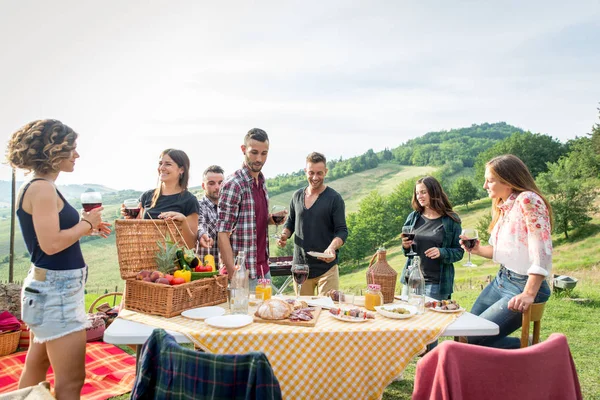 Groep Jonge Gelukkige Vrienden Met Pic Nic Openlucht Mensen Met — Stockfoto