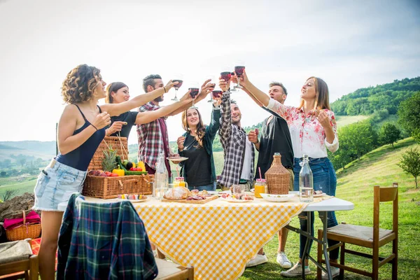 Grupo Jovens Amigos Felizes Ter Pic Nic Livre Pessoas Divertindo — Fotografia de Stock