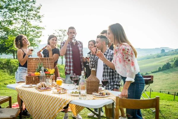 Grupo Jovens Amigos Felizes Ter Pic Nic Livre Pessoas Divertindo — Fotografia de Stock