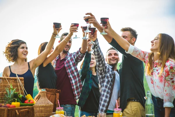 Gruppo Amici Che Fanno Barbecue Nella Natura Persone Felici Che — Foto Stock