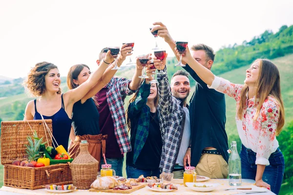 Grupo Jovens Amigos Felizes Ter Pic Nic Livre Pessoas Divertindo — Fotografia de Stock