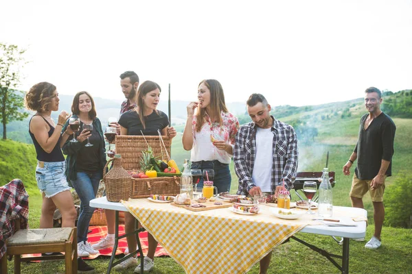 Grupo Jovens Amigos Felizes Ter Pic Nic Livre Pessoas Divertindo — Fotografia de Stock