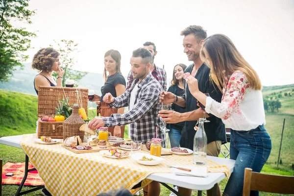 Grupo Jovens Amigos Felizes Ter Pic Nic Livre Pessoas Divertindo — Fotografia de Stock