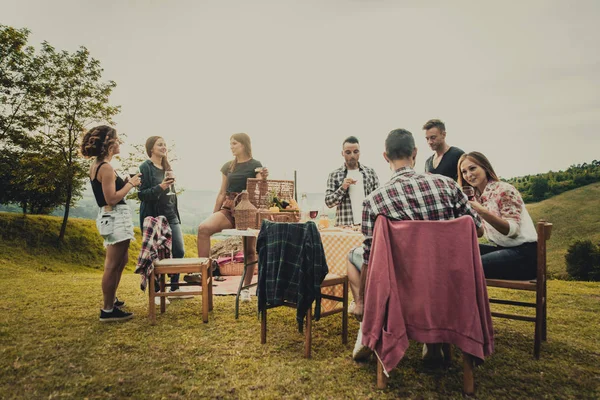 Grupo Jóvenes Amigos Felices Haciendo Pic Nic Aire Libre Personas — Foto de Stock