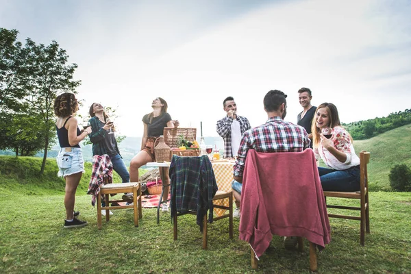 Grupo Jovens Amigos Felizes Ter Pic Nic Livre Pessoas Divertindo — Fotografia de Stock