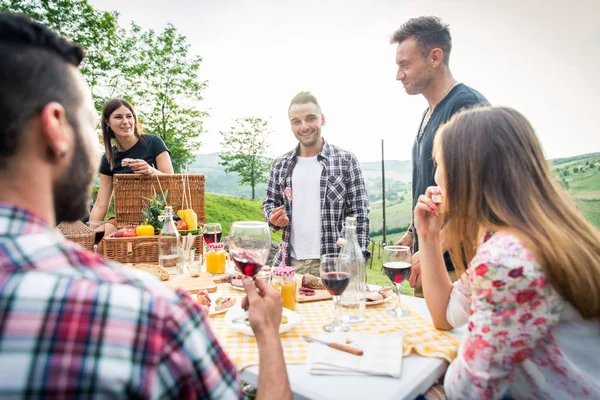 Gruppe Unge Lykkelige Venner Som Har Piknik Utendørs Folk Som – stockfoto