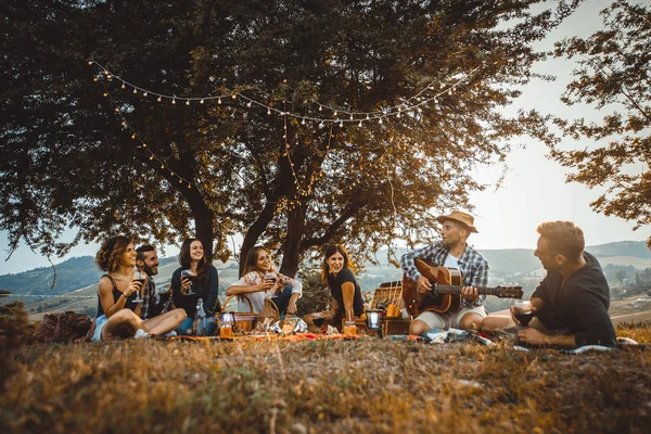 Group of young happy friends having pic-nic outdoors - People having fun and celebrating while grilling ata barbacue party in a countryside