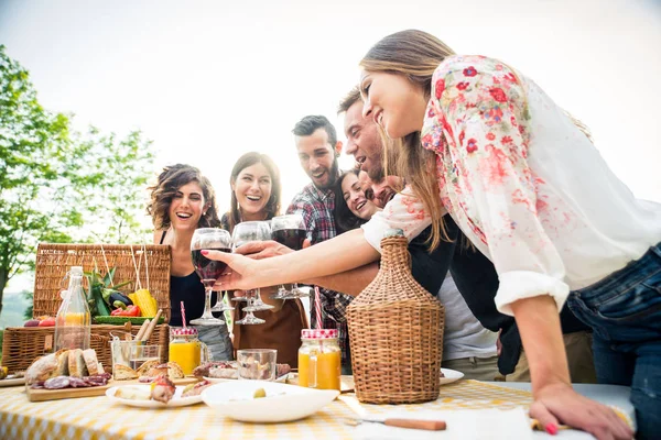 Group Young Happy Friends Having Pic Nic Outdoors People Having — Stock Photo, Image