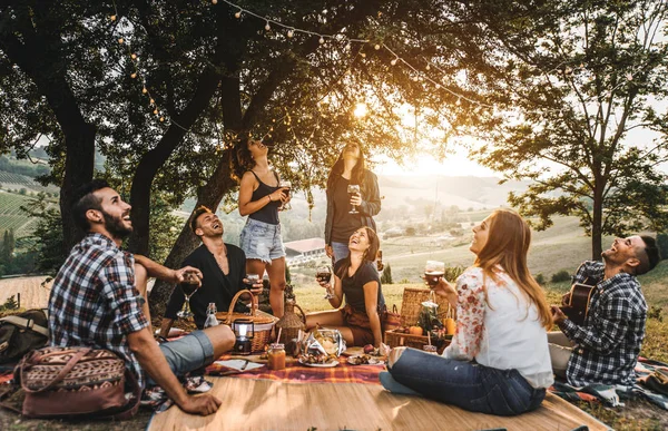 Doğada Mutlu Insanlar Piknik Kırsal Kesimde Eğleniyor Barbekü Yapma Arkadaş — Stok fotoğraf