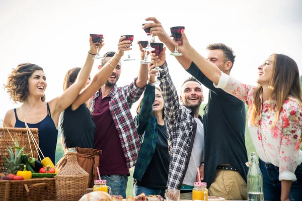 Group Young Happy Friends Having Pic Nic Outdoors People Having — Stock Photo, Image