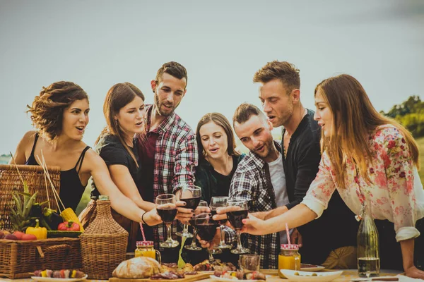 Grupo Jovens Amigos Felizes Ter Pic Nic Livre Pessoas Divertindo — Fotografia de Stock