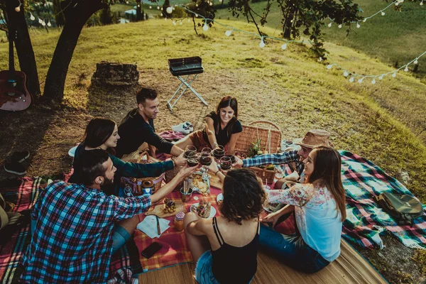 一群年轻快乐的朋友在户外野餐 人们在农村烧烤巴瓦库派对时 一边玩得很开心 一边庆祝 — 图库照片