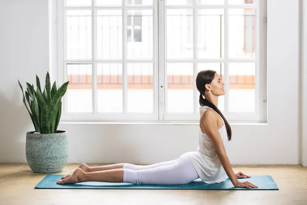 Ahtletic Mooie Vrouw Training Thuis Jong Meisje Doet Fitness Haar — Stockfoto