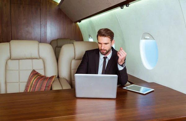 Businessman Working While Travelling Private Jet Portrait Business People Taking — Stock Photo, Image