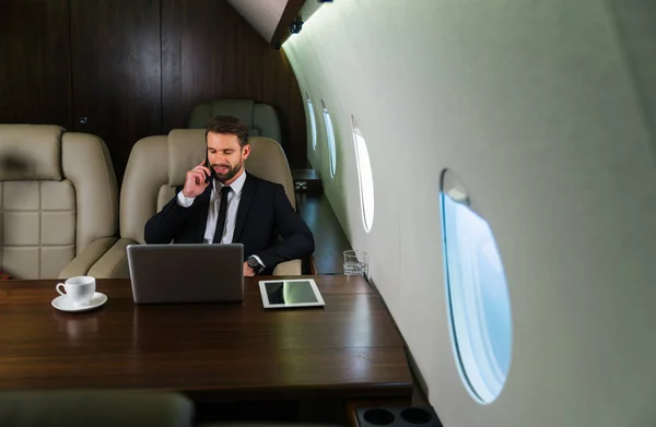 Businessman Working While Travelling Private Jet Portrait Business People Taking — Stock Photo, Image