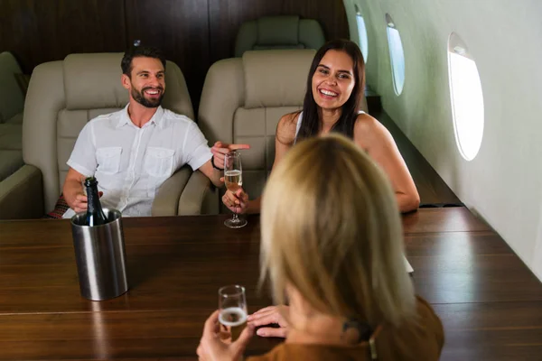 Happy Group Friends Having Party Luxury Private Jet — Stock Photo, Image