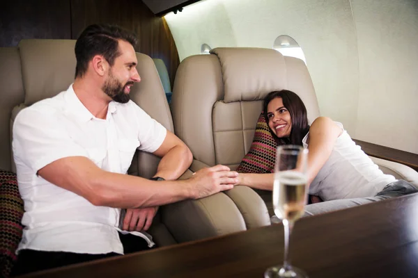 Happy Couple Travelling Luxury Private Jet Young Adults Travel First — 图库照片