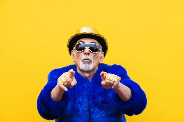 Funny Extravagant Senior Man Posing Colored Background Youthful Old Man — Stock Photo, Image