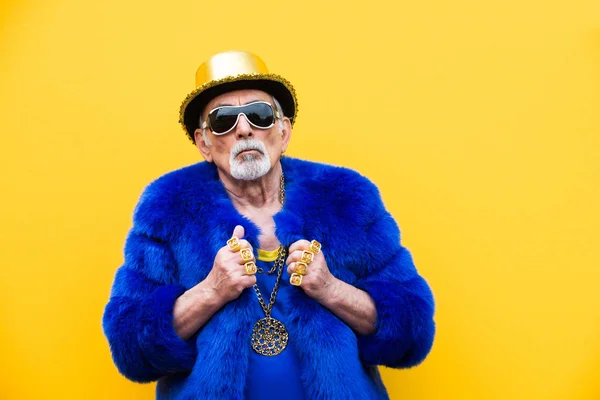 Funny Extravagant Senior Man Posing Colored Background Youthful Old Man — Stock Photo, Image