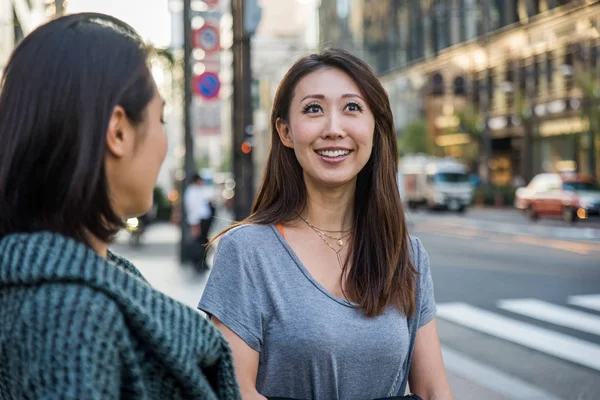 Two Girlfriends Meeting Outdoors Having Fun Japanese People Bonding Tokyo — Stock Photo, Image