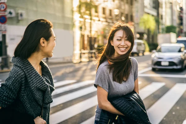 Two Girlfriends Meeting Outdoors Having Fun Japanese People Bonding Tokyo — Stock Photo, Image