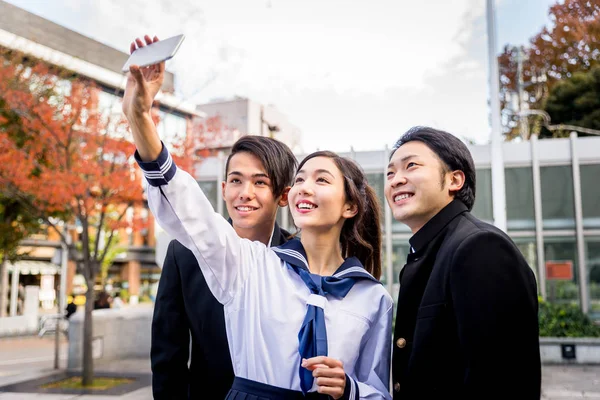 Yung Japanese Students School Uniform Bonding Outdoors Group Asian Teenagers — Stock Photo, Image