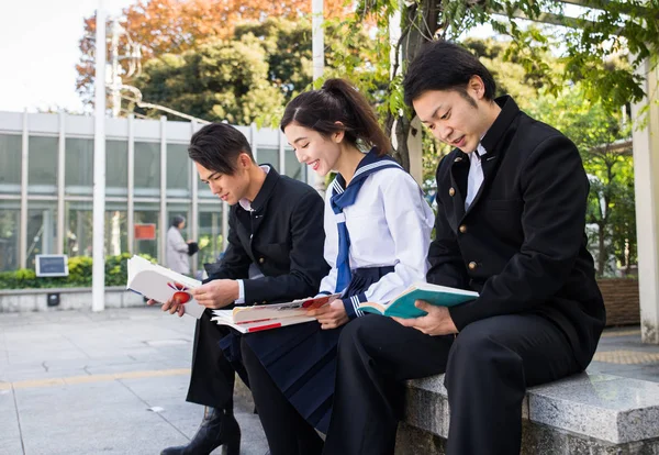 Yung Japanese Students School Uniform Bonding Outdoors Group Asian Teenagers — Stock Photo, Image