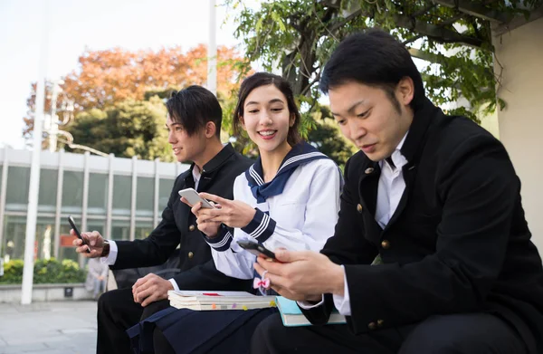 Yung Japanese Students School Uniform Bonding Outdoors Group Asian Teenagers — Stock Photo, Image