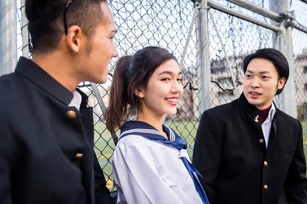 Yung Japanese Students School Uniform Bonding Outdoors Group Asian Teenagers — Stock Photo, Image