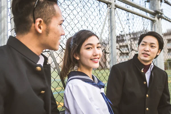 Yung Japanese Students School Uniform Bonding Outdoors Group Asian Teenagers — Stock Photo, Image