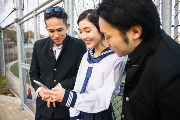 Yung Japanese Students School Uniform Bonding Outdoors Group Asian Teenagers — Stock Photo, Image