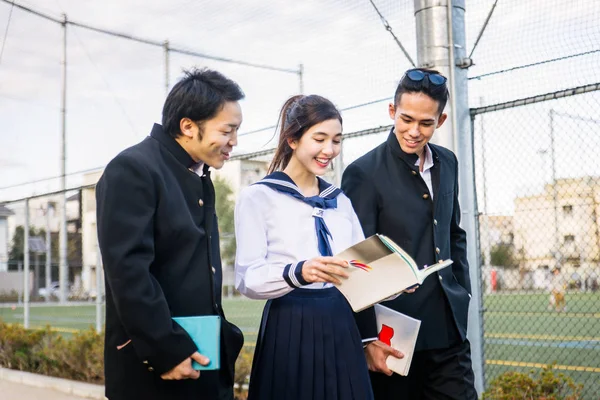 Yung Japanese Students School Uniform Bonding Outdoors Group Asian Teenagers — Stock Photo, Image