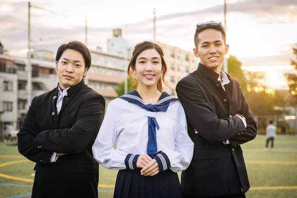 Yung Japanese Students School Uniform Bonding Outdoors Group Asian Teenagers — Stock Photo, Image