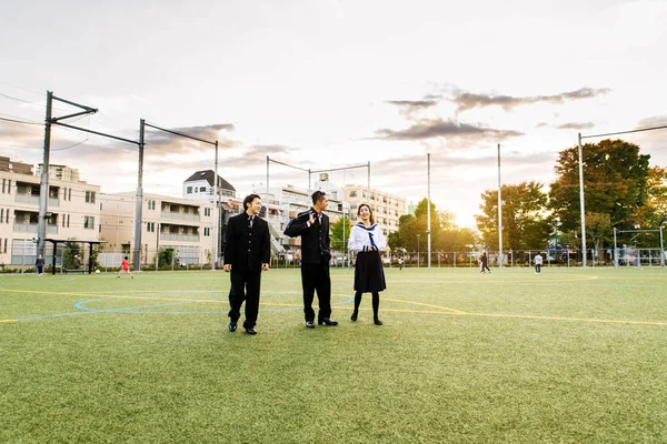 Yung Japanese Students School Uniform Bonding Outdoors Group Asian Teenagers — Stock Photo, Image