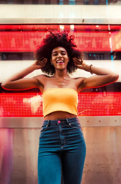 Young Beautiful Girl Walking Time Square Manhattan Lifestyle Concepts New — Stock Photo, Image