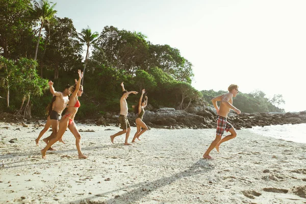Група Друзів Розважаються Пляжі Самотньому Острові — стокове фото