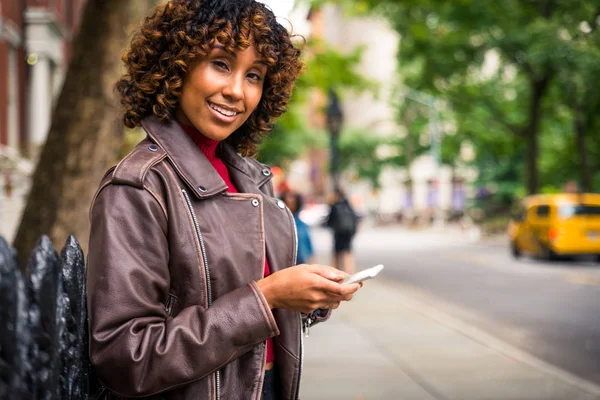 Happy African American Woman Smiling Beautiful Young Femal Walking Having — Stock Photo, Image