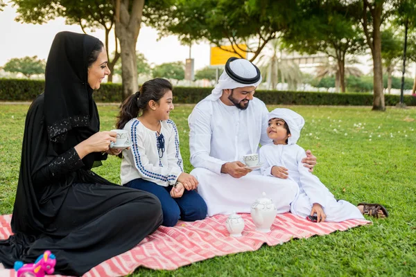 Parkban Található Dubai Szülők Gyerekek Ünneplő Hétvégére Természetben Szórakozik Közel — Stock Fotó