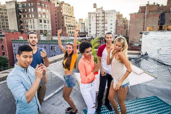 Young Happy People Having Barbecue Dinner Rooftop New York Group — Stock Photo, Image