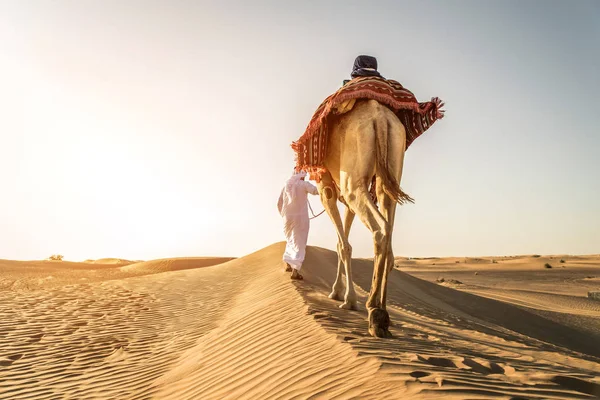 Bonito Homem Oriente Médio Com Kandura Gatra Montando Camelo Deserto — Fotografia de Stock