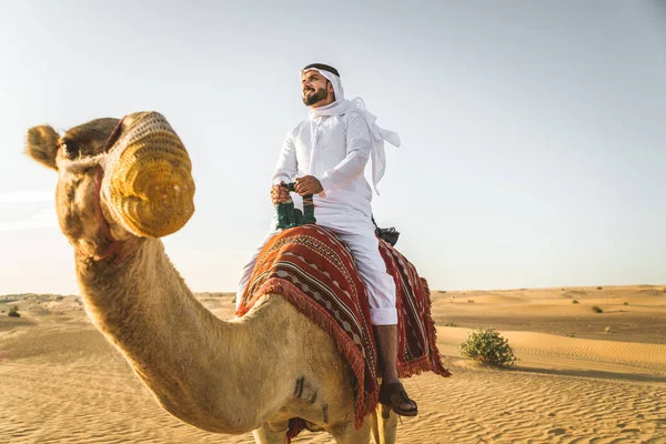 Bell Uomo Mediorientale Con Kandura Gatra Che Cavalca Cammello Nel — Foto Stock