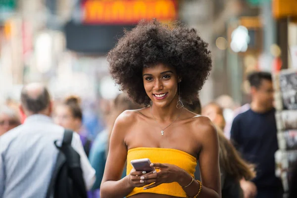 Happy African American Woman Smiling Beautiful Young Female Walking Having — Stock Photo, Image