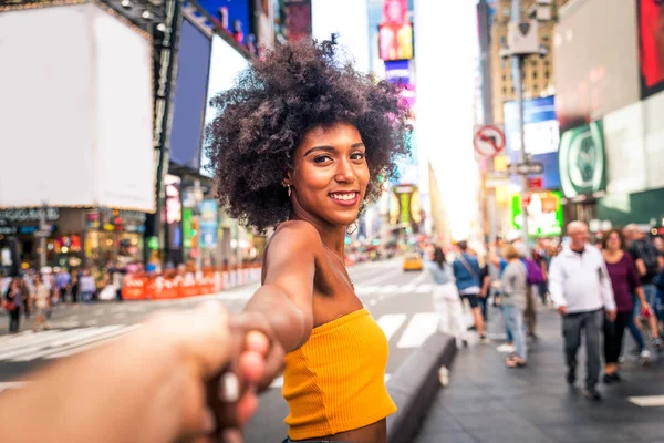 Happy African American Woman Smiling Beautiful Young Female Walking Having — Stock Photo, Image