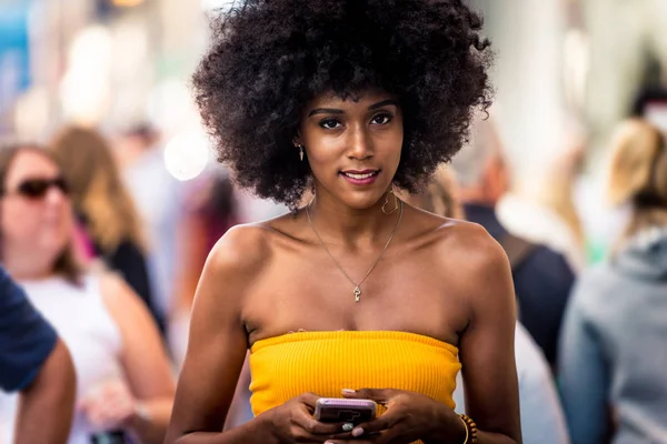 Happy African American Woman Smiling Beautiful Young Female Walking Having — Stock Photo, Image