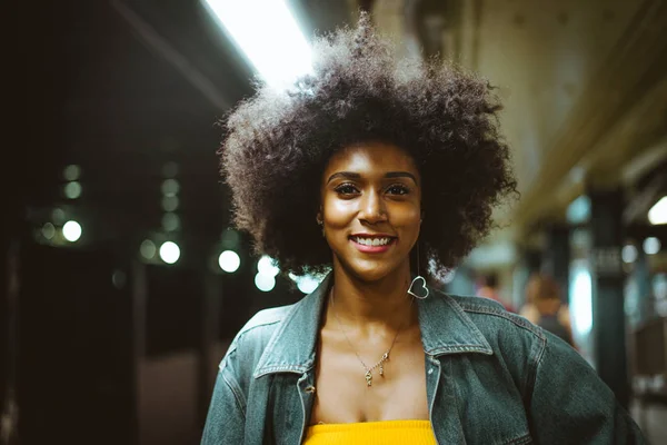 Happy African American Woman Smiling Beautiful Young Female Walking Having — Stock Photo, Image