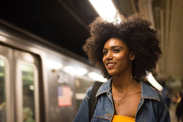 Happy African American Woman Smiling Beautiful Young Female Walking Having — Stock Photo, Image