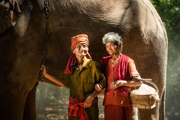 Elefante e coppia di anziani in Thailandia — Foto Stock